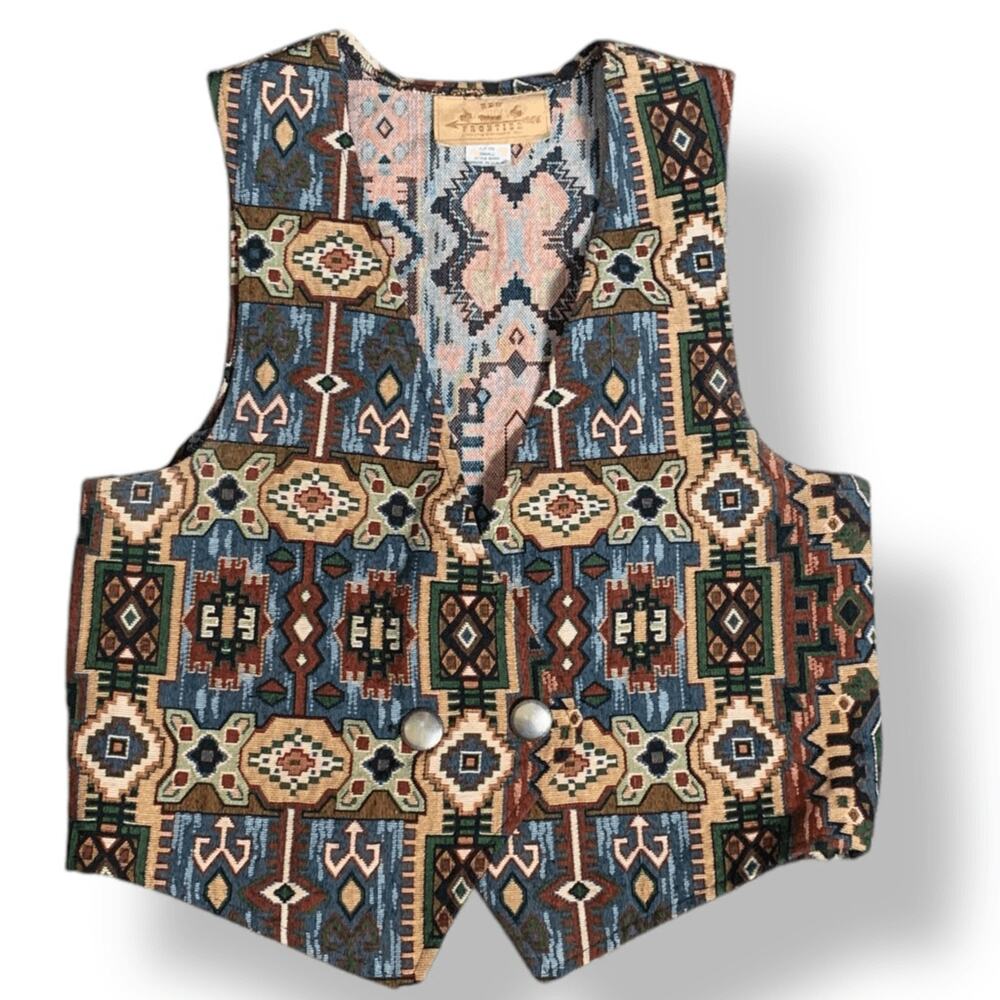 Vintage 90s Southwestern Tapestry Vest Earth Tones Silver Conchos Boho Festival